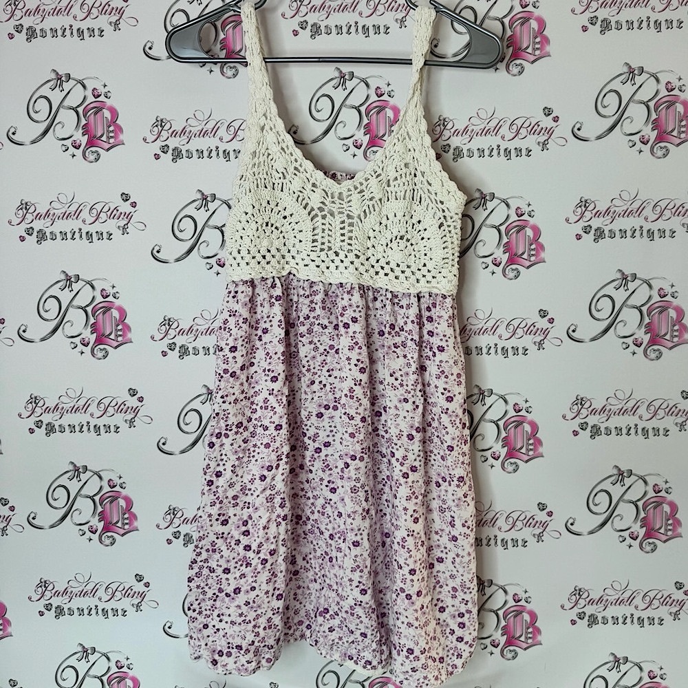 Japna dress crochet white Cream and Purple Floral Dress flowers boho
